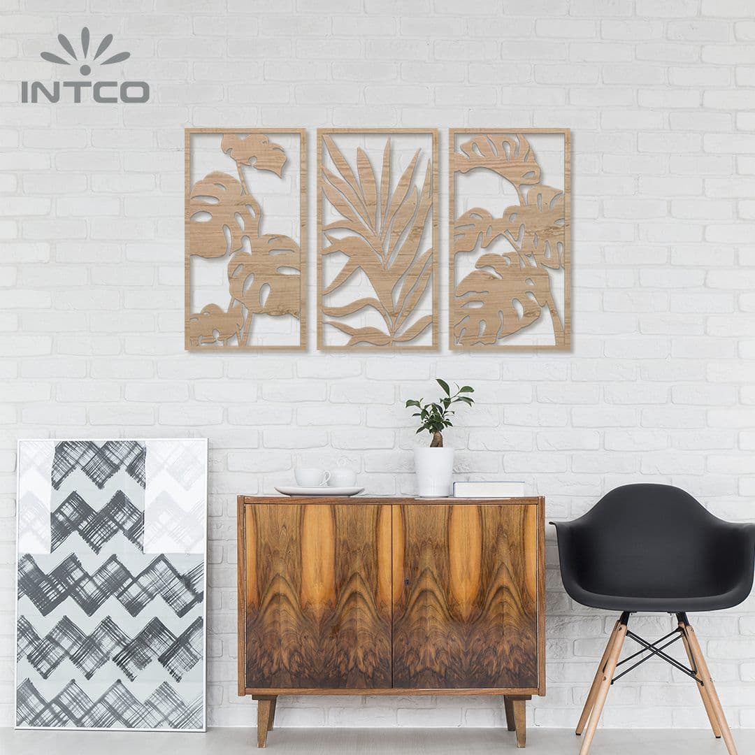 Arte botânica de parede em madeira vintage com folhas tropicais decoração de parede natural 4