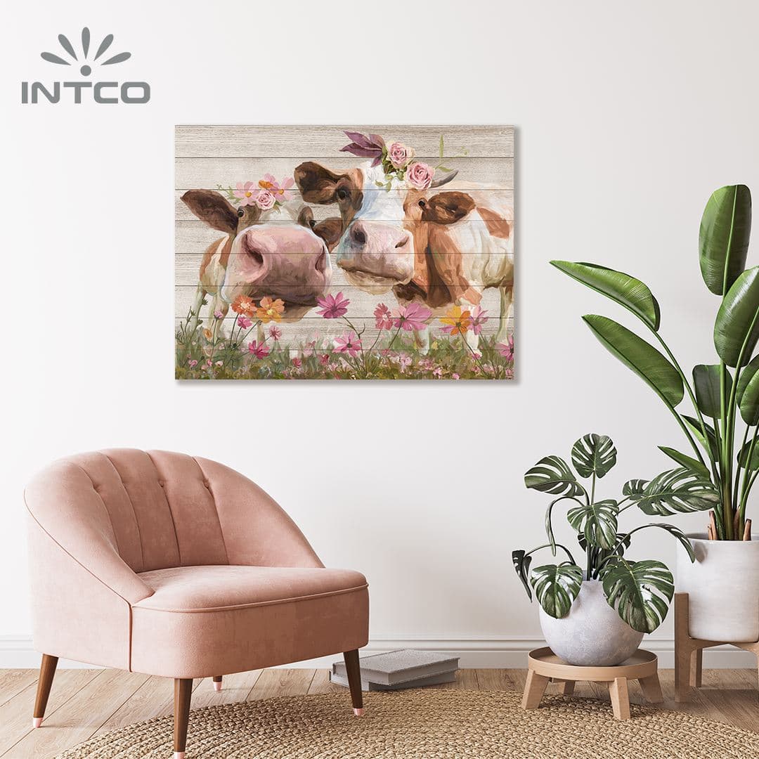 Decoração de arte de parede de madeira com moldura de vaca animal 4