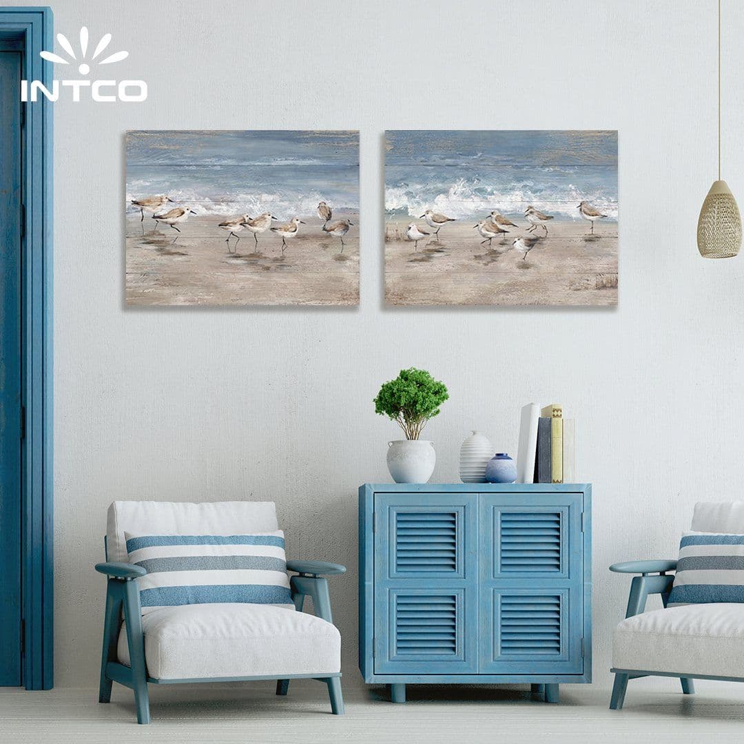 Decoração de arte de parede de madeira com paisagem de pássaros marinhos náuticos 4